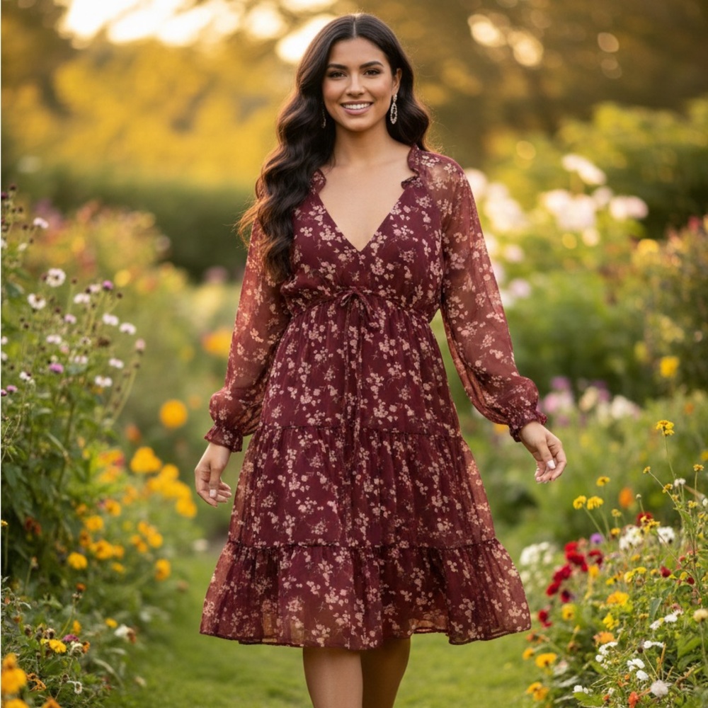 American Eagle Burgundy Floral Chiffon Dress